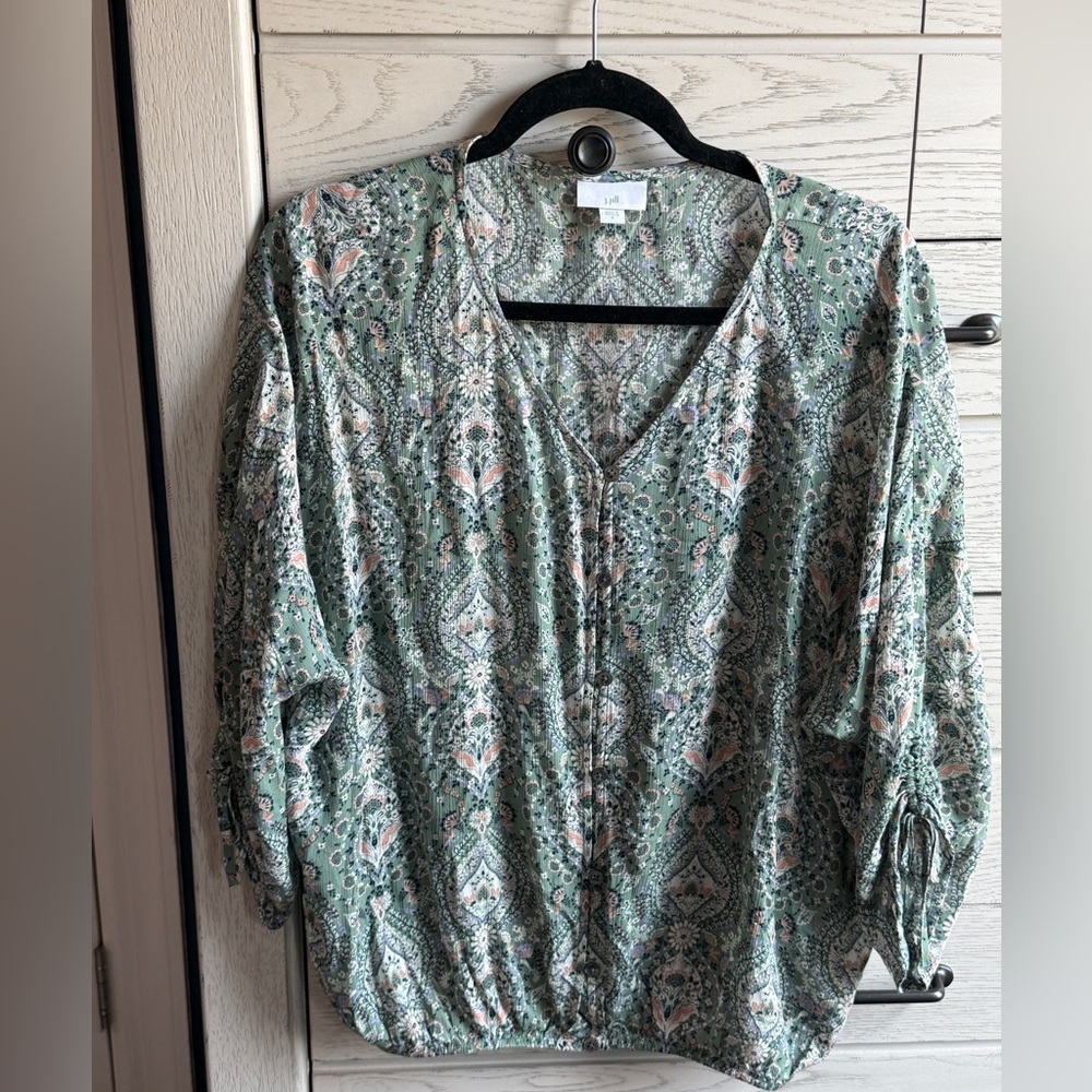 J. Jill Sage Green Paisley V-Neck Blouse with Peach Accents